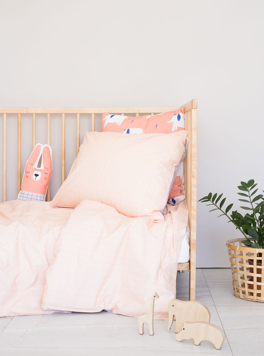 Set of Soft Peach Duvet cover for cradle + Smug Bear Decorative Cushion